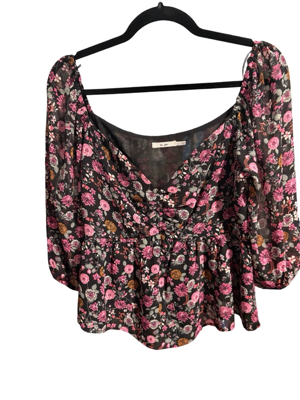 Mi Ami Floral Sheer Chiffon Smocked Peplum Blouse Large Boho